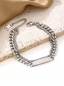 1pc Stainless Steel Smooth Strip Curved Double Layered Chain Bracelet For Women's Neutral And Minimalist Style Jewelry - Silver - View 2