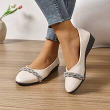 Women's Spring Low Vamp Slip-On Flat Shoes, New 2025 Model, Beige Soft Leather Loafers, Comfortable Wide Fit Round Toe Wedge Heel, Plus Size, Rhinestone Decor