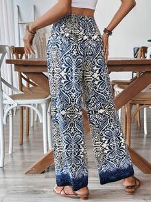 Women's Comfortable Bamboo Knot Print Waist Drawstring Tassel Wide Leg Pants - Multicolor - View 2