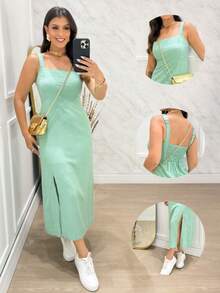 Women's Long Viscose Dress With Slit, Stretch And Elegant Lining For Summer - 薄荷綠 - 查看 1