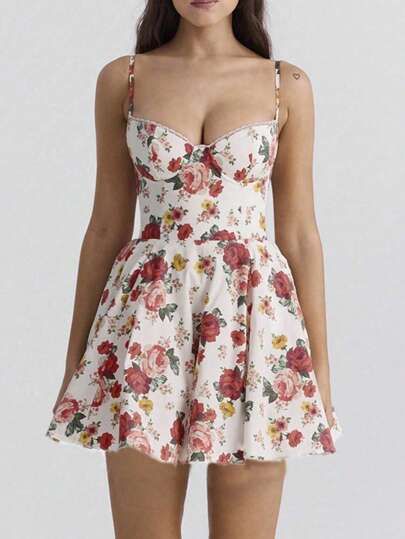 Women's Elegant Floral Print Spaghetti Strap Mini Dress, Summer