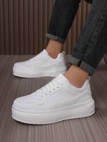 Men's Classic Solid Color Leather Splicing Thick-Sole Shock-Absorbing Flat Non-Slip Sneakers, Outdoor Classic Street Cool Daily Versatile Solid Color Casual Shoes - White - View 9