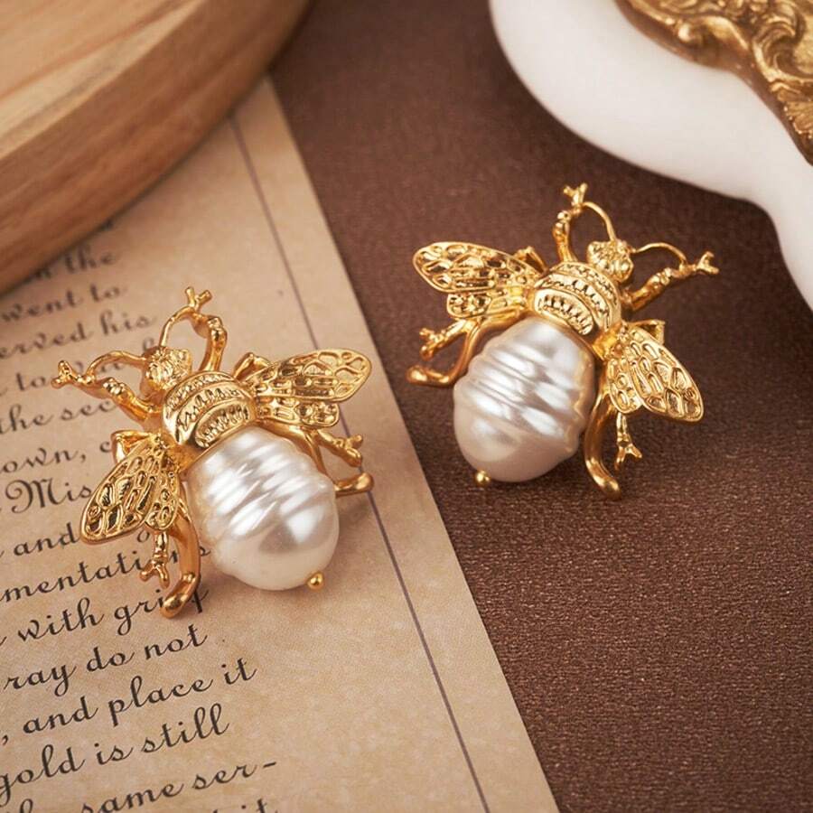 1 对时尚优雅蜜蜂设计女士复古优雅耳环，适合节日、派对和母亲节礼物 - 金色 - 查看 1