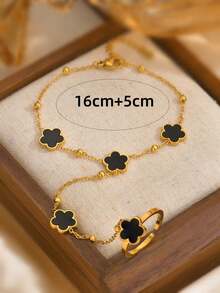 1 件波西米亚风格优雅 18K 镀金不锈钢五叶草指环手链套装，适合女性日常佩戴的珠宝，母亲节佳品 - 五葉草連指手鍊 - 查看 4