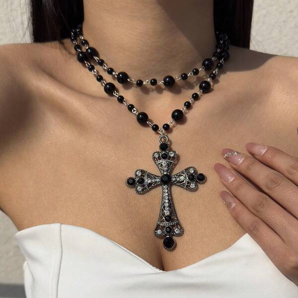 1pc Gothic Style Metal Cross With Glass Rhinestone Pendant Necklace Set For Women