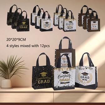 12pcs/Set Assorted Graduation Theme Non-Woven Fabric Tote Bag Set, 4 Unique Designs, Ideal Gifts For Graduates. Whether As A Gift Or A Personal Keepsake, These Gift Bags Will Add A Special Meaning To Your Graduation Season.