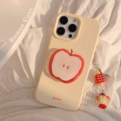 1 件装奶油色和红色水果装饰吊坠，带支架和叉子，创意夏季简约手机壳，适用于 Apple 16/15/14/13/12/11 系列