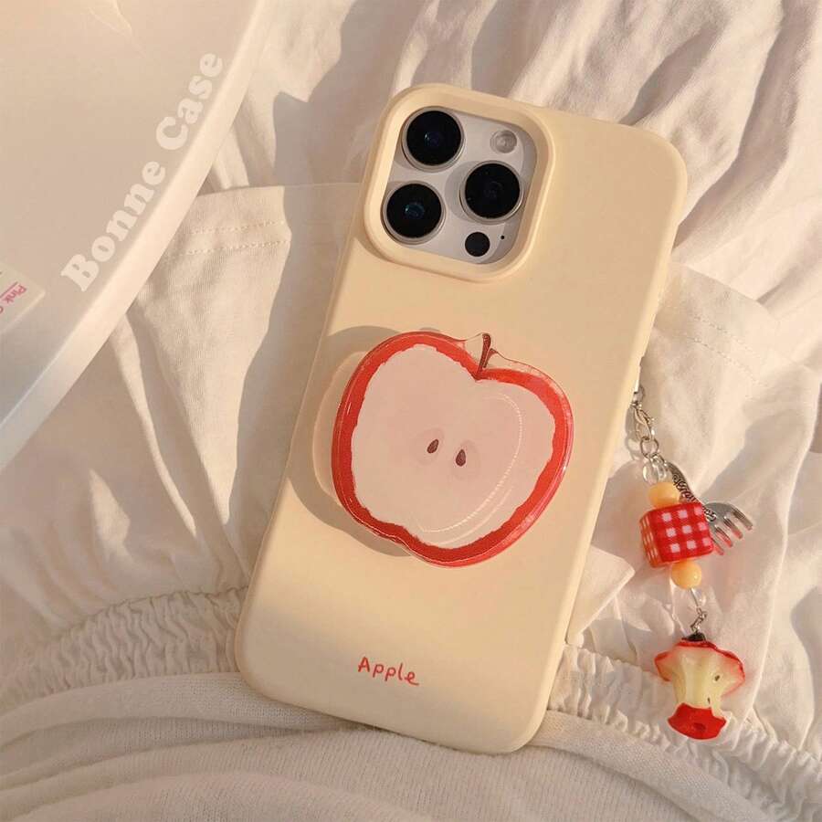 1 Pacote Pingente Decorativo de Frutas na Cor Creme e Vermelha com Suporte e Garfo, Case de Telefone Minimalista Criativo de Verão Compatível com a Série Apple 16/15/14/13/12/11