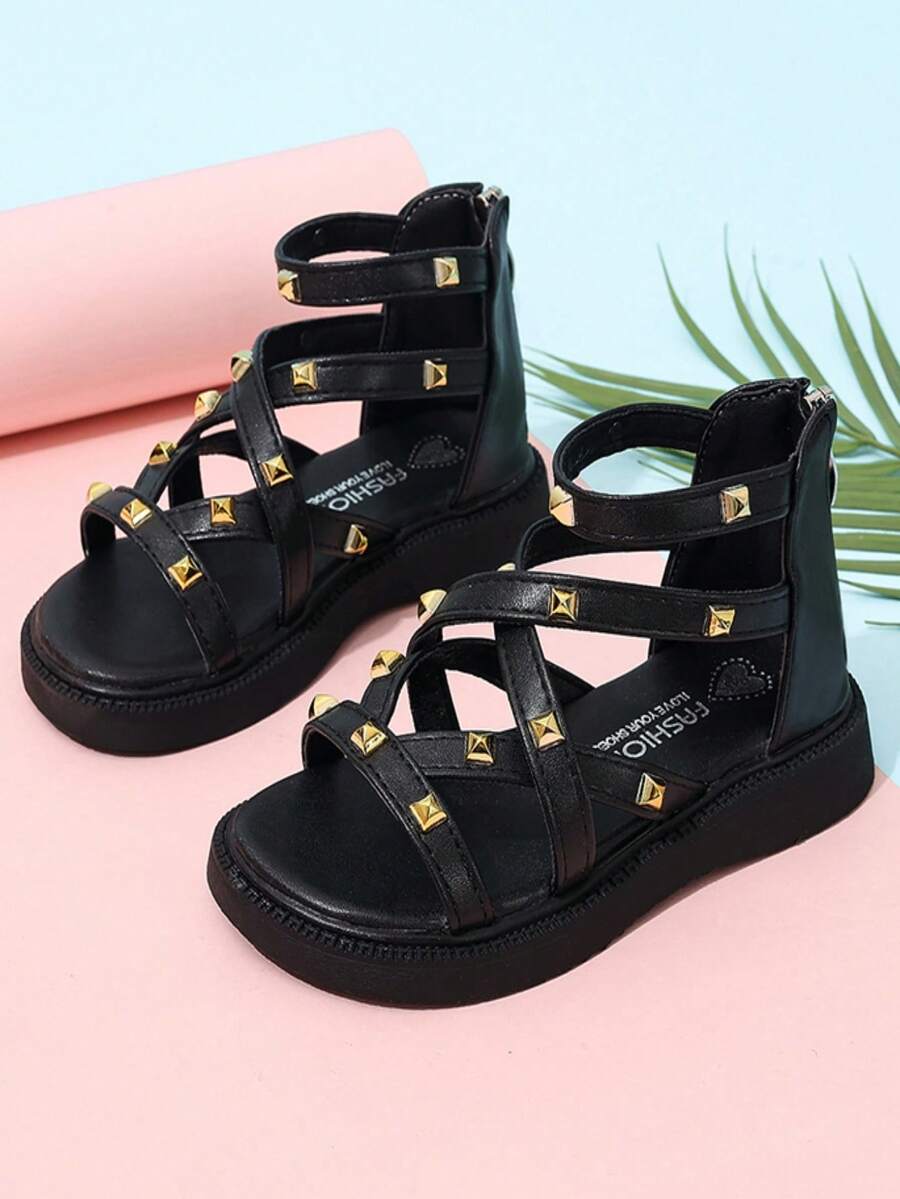 1 Pair Girls' Summer Solid Color Open Toe Fashion Sandals, Soft & Comfortable Lining, Durable Sole - Black - View 1