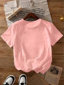 Camiseta con estampado gráfico de letras, de manga corta y cuello redondo, top casual para primavera/verano - Rosa Pálido - Ver 5