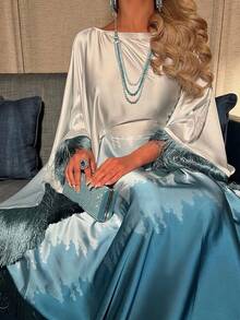 Women's Muslim Silk-Like Ombre Dress – White To Teal Gradient Abaya Robe With Fringe Trim For Modest Occasions