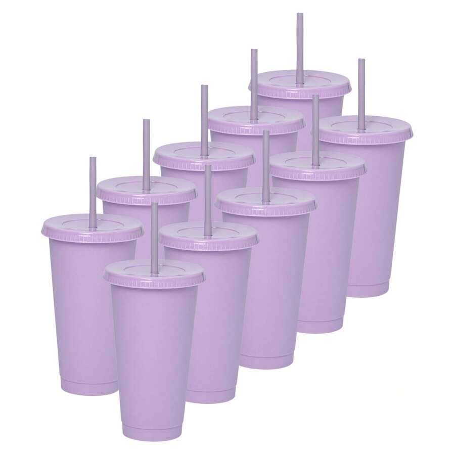 Paquete 10 Vasos Reusables Con Popote Para Bebidas Frías 24 Oz - Morado Pastel - Ver 1