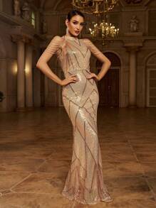 Missord Halter Neck Sequin Mermaid Prom Dress Elegant Formal Evening Wedding Guest Gown, For Graduation, Dinner Party Dress