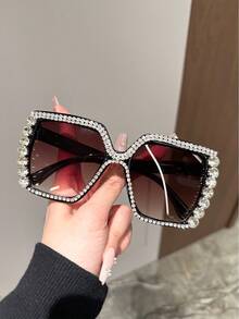 1pc Vintage Square Large Frame Rhinestone Decorated Women Fashion Fashion Glasses, Suitable For Traveling, Cycling And Daily Outfit - Multicolor - View 12