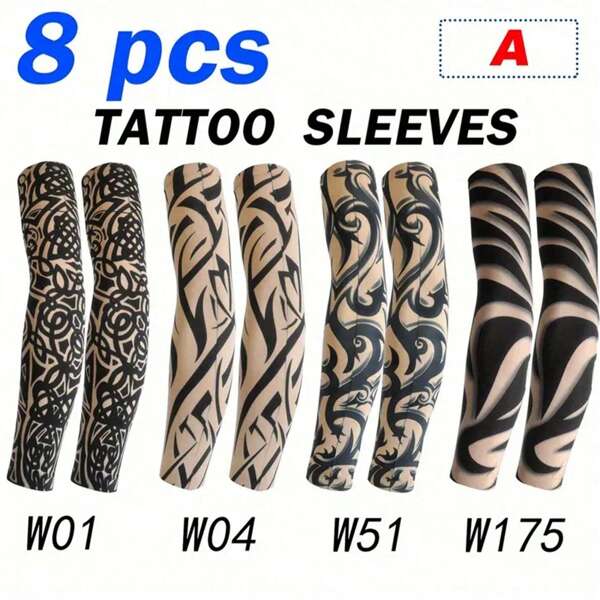 8 Pieces Tattoo Sleeves - Seamless, Breathable Arm Sleeves For Riding And Driving | Sun Protection And Cooling Nylon Fabric Sleeves Cover Arms Fake Tattoo Arm Warmers Autumn Outfits Halloween Costumes Black Arm Sleeve Gifts For Men