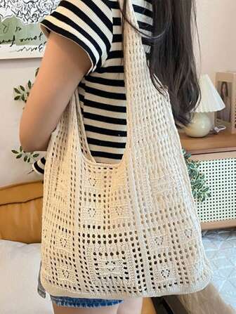 1 件女士手工针织单肩包，2025 新款休闲通勤镂空手提包，大容量编织托特包，沙滩包，夏季，海滩，复古风格，多功能，开放式设计，适合休闲商务女性，旅行必需品，适合旅行/工作/通勤/日常装扮/学校，送给女朋友、朋友、家人、妈妈、节日礼物、母亲节