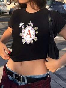 Women's Crew Neck Short Sleeve Cropped Tight Fitting Top - Black - View 3