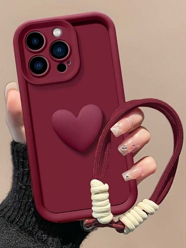 Capa de Telefone com Lixa Vermelho Vinho 16/15/14/13/12/11 Redmi 3D Silicone Coração e Alça Trançada Anti Derrapante e à Prova de Choques Capa Protetora (Compatível com 15Pro/S24/P60)