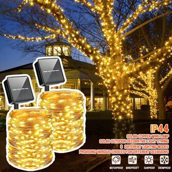 1/2pcs Solar Copper Wire Lights, 50/100/200/300 LED Solar Panel Fairy Tale Lights, Outdoor Waterproof,With 8 Modes Twinkle Lights,For Balcony,Gardens, Courtyards, Outdoor Darbecue Gatherings,Camping ,Party Decoration (Warm White, White, Color)