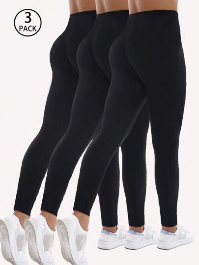 3 Packs Women's Black Versatile Sports Leggings, High Stretch Fitness Running Training Tight Pants For Outdoor, Beach, Party, Music Festival, Home Exercise, Deep Squat, Body Shaping Yoga Hiking Camping, Capri Length