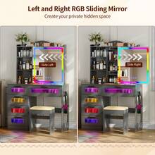 HNEBC RGB Makeup Vanity Desk With Wireless Charging Station,7 Dynamic And 7 Static Dimmable Vanity Table With Glass Desktop,Vanity Mirror With Lights Desk&Chair,8 Drawers,Stool - Grey - View 6