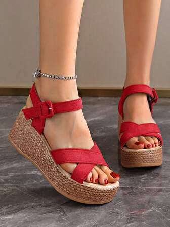 Minimalist Comfortable Thick-Sole Strap Red Sandals For Women With 7cm Waterproof Platform, For Summer