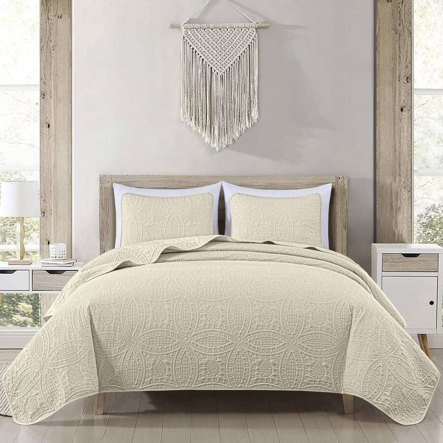 Austin Oversized Bedspread Set 3-Piece Ultrasonic Quilted Soft Lightweight Microfiber Coverlet For All Season - Ivory - View 1