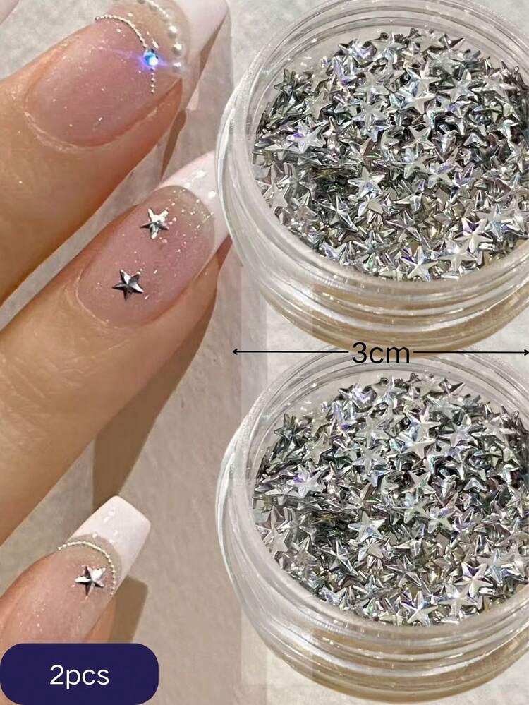 1/2个简约银色星星美甲装饰，小号闪亮星星美甲饰品，小星星美甲配件，美甲用品，Y2K美甲 - 銀色 - 查看 6