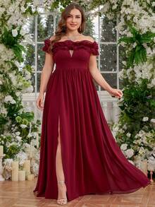 UNITHORSE Women's Plus Size Off Shoulder Chiffon Cloud Ruched Waist Slim A-Line Slit Solid Color Cocktail Party Evening Dress,Gown,Formal,Wedding Guest