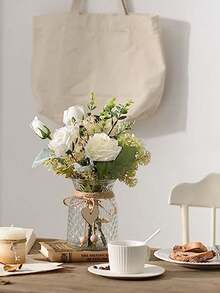 1 束人造花玫瑰婚礼花束假花桉树丝绸玫瑰仿真花婚礼家居办公室装饰餐桌夏季生日礼物海滩返校学校用品房间装饰 - 白色 - 查看 4