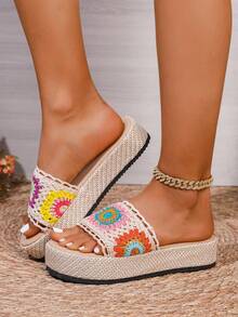 Women's Fashion New Sunflower Flat Slippers, Platform Thick Bottom Increased Height Sandals, Retro Rope Sole, Hollow Out Vamp