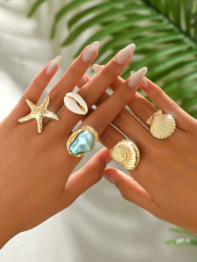 5pcs Baroque Style Faux Pearl Inlaid Asymmetrical Alloy Sea Star, Shell, Conch Rings, Vintage Asymmetrical Rings For Women, Versatile Accessory For Travel, Holiday & Everyday, Adjustable Opening Size, Chunky Jewelry