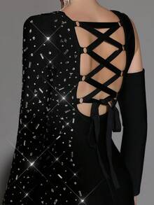 Modphy 新款性感女式重工水钻方领露背流苏连衣裙，适合节日、婚礼、派对、生日庆典、女士舞会礼服