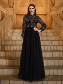 Black Sequin High Neck Puff Sleeves Mesh Skirt Prom Dress, Modest