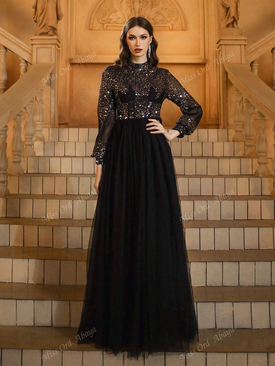 Black Sequin High Neck Puff Sleeves Mesh Skirt Prom Dress, Modest