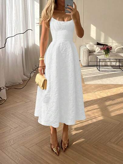 Floreya Summer Elegant Solid Color High-End Chic Style Prom Dress, Waist-Cinched Fitted Spaghetti Strap Midi Dress, White