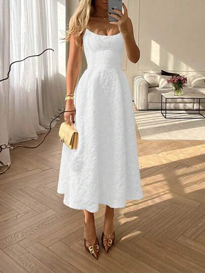 Floreya Summer Elegant Solid Color High-End Chic Style Prom Dress, Waist-Cinched Fitted Spaghetti Strap Midi Dress, White