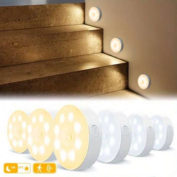 1pc/3pcs/6pcs Smart Sensor LED Night Light, 8 LED Beads Magnetic Stair Light, USB Rechargeable Motion Sensor Lamp With 120° Wide Detection Range, Dimmable, Wireless Infrared Sensor, Detachable Semi-Embedded Plastic Lamp For Cabinet, Entrance, Hallway, Balcony, Dormitory, Reading (Warm White/White), Lighting Up Without Stumbling, Won''t Bother Roommates, Power Outage Emergency Light