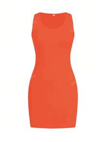 Maglietta senza maniche di colore solido da donna estiva, stile minimalista; Vestito, abito aderente senza spalline, adatto per vacanze e spiaggia
