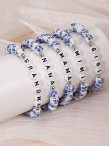 1PC Elegante 8mm Feito à Mão Azul e Branco Porcelana Stretch Pulseira de Contas, Presente de Aniversário, Presente de Aniversário, Presente para Nana/Mimi/MaMa/Vovó