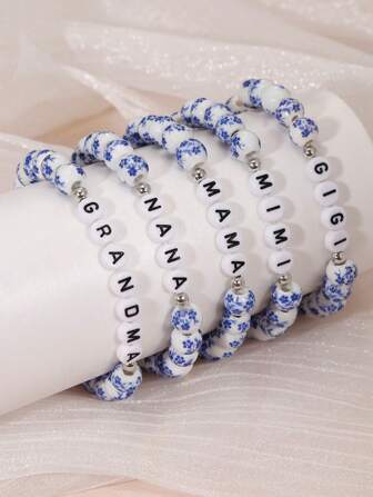 1 Stück elegantes 8mm handgefertigtes blau-weißes Porzellan Dehnbares Perlenarmband, Geburtstagsgeschenk, Jahrestags-Geschenk, Geschenk für Nana/Mimi/MaMa/Oma
