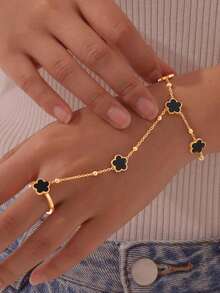 1 件波西米亚风格优雅 18K 镀金不锈钢五叶草指环手链套装，适合女性日常佩戴的珠宝，母亲节佳品 - 五葉草連指手鍊 - 查看 3