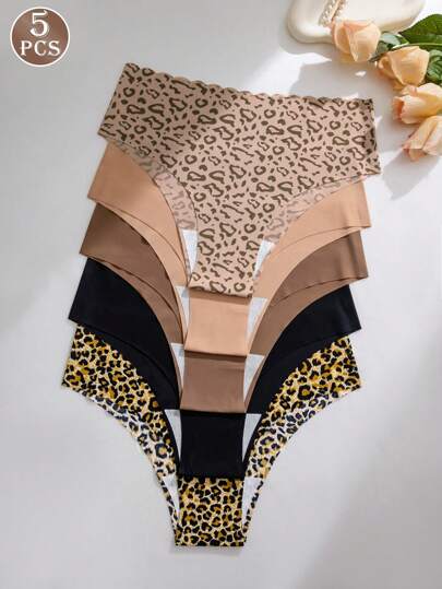 5 piezas Bragas deportivas sin costuras, transpirables y con estampado de leopardo sexy para mujeres