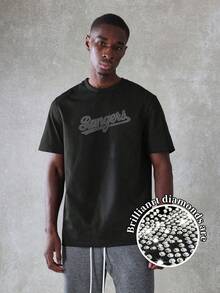 Men's Rhinestone Slogan Short Sleeve Crew Neck T-Shirt, Casual & Fashionable For Summer - Black - View 1