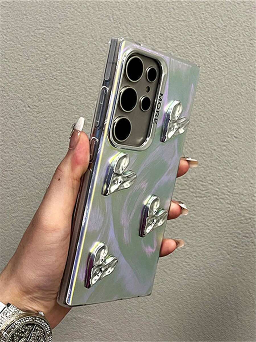 Carcasă de telefon elegantă cu model de pene laser, cu motive încrețite și inimioare, compatibilă cu Samsung Galaxy S25 S24 Ultra Plus S23Ultra A55 A54 A15 A14 5G, cu placă de lux, protecție pentru lentila camerei, rezistentă la șocuri