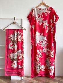 1套热销！加大码女士长款披肩套装 - 现已发售！仿丝印花披肩围巾套装，完美适用于海滩度假、防晒、叠穿和日常穿着！可搭配连衣裙 - 彩色 - 查看 4