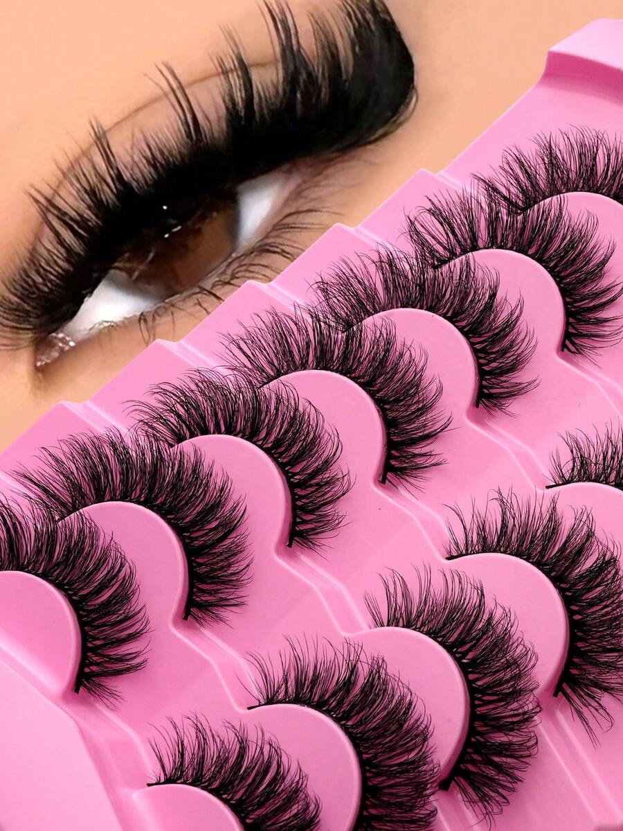 New 7 Pairs D Curl Volume Russian Volume Natural Fluffy Faux Eyelashes, Classic Cat Eye Mink False Eyelashes, Cross Wispy Dramatic Volume 5D Faux Eyelashes, Soft & Natural-Looking Eyelash Extension Makeup For A Natural Look - Natural Lashes - View 1