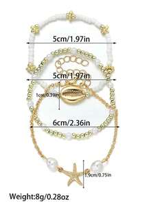 3件套 时尚海洋风合金贝壳和海星编织弹力手链（女士款） - 金色 - 查看 4