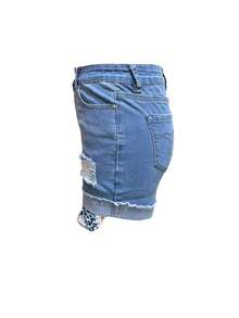 欧美流行夏季时尚百搭休闲雏菊刺绣破洞弹力牛仔裤 - 淺藍色 - 查看 4