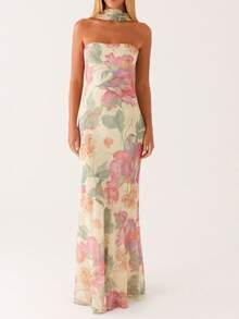 Women Y2k Floral Tube Maxi Dress With Scarf Sleeveless Strapless Backless Mesh Long Bodycon Dresses Formal Cocktail Sundress - 彩色 - 查看 2